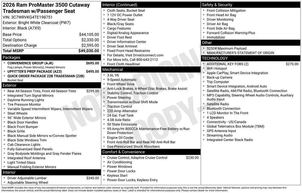 2026 RAM ProMaster 3500 Cutaway Low Roof 136 WB